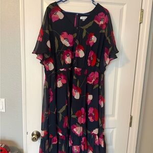 Calvin Klein Navy Maxi Dress with Pink & Red Floral Print